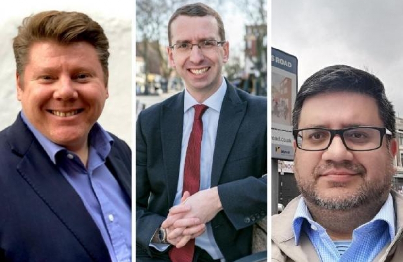 left to right: Dean Russell MP, Mayor Peter Taylor, Cllr Asif Khan